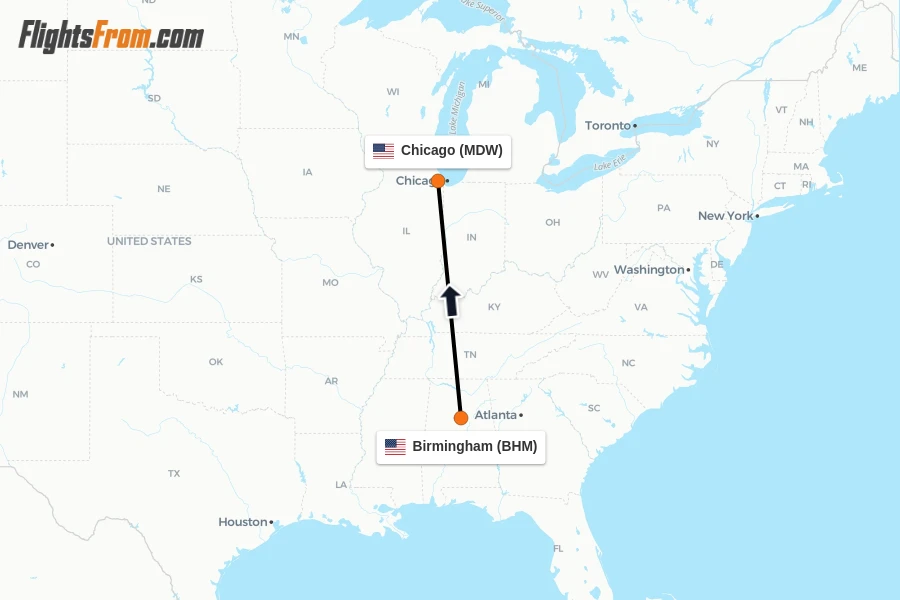 Flights from Birmingham to Chicago route map