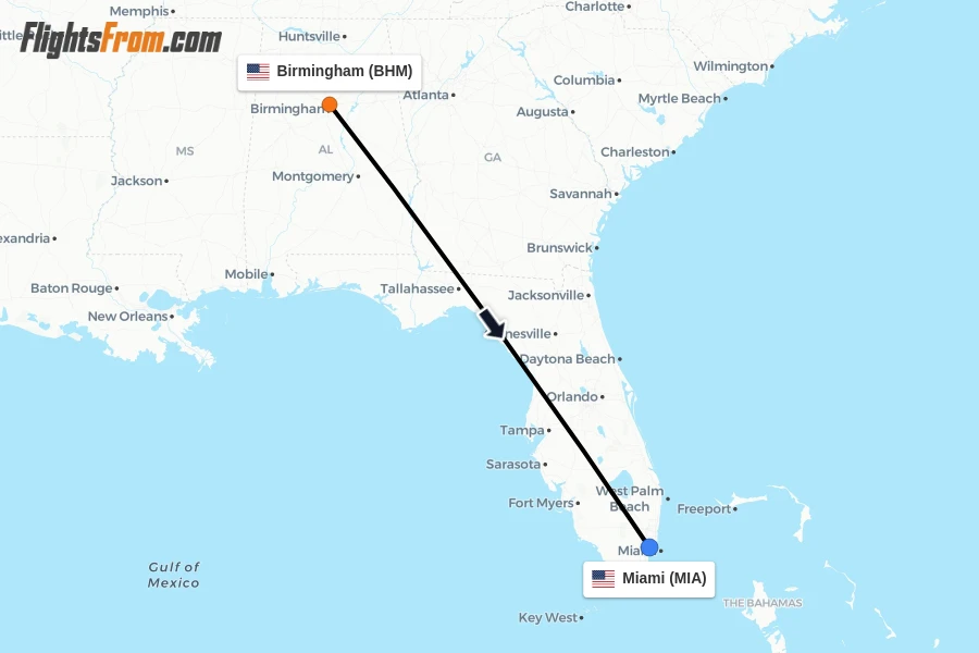 Flights from Birmingham to Miami route map