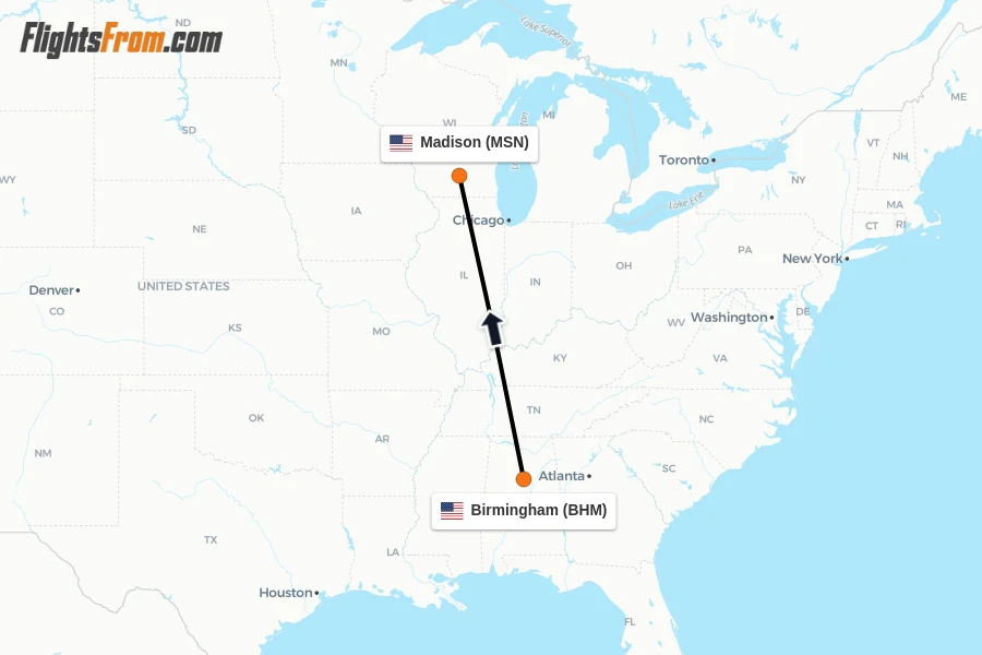 Flights from Birmingham to Madison route map