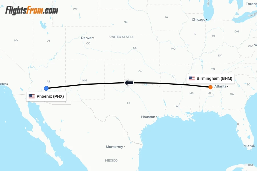 Flights from Birmingham to Phoenix route map