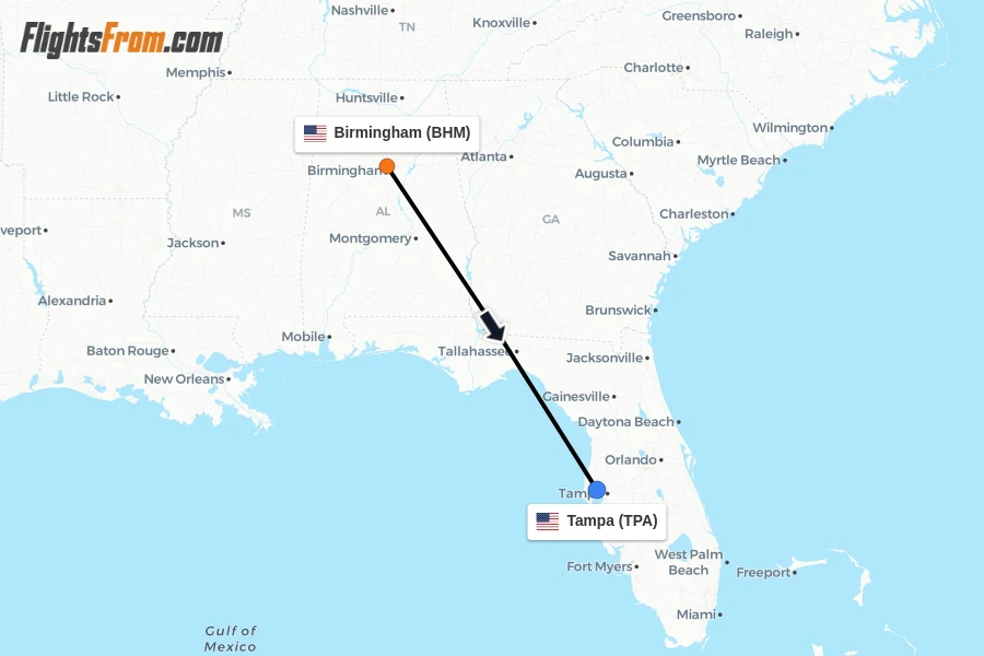 Flights from Birmingham to Tampa route map
