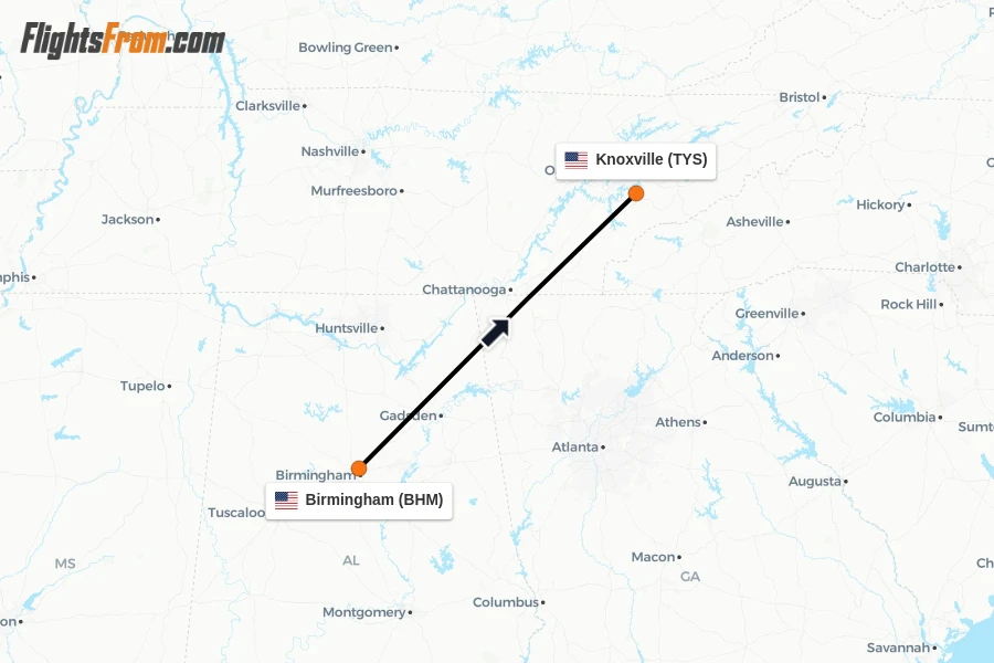 Flights from Birmingham to Knoxville route map