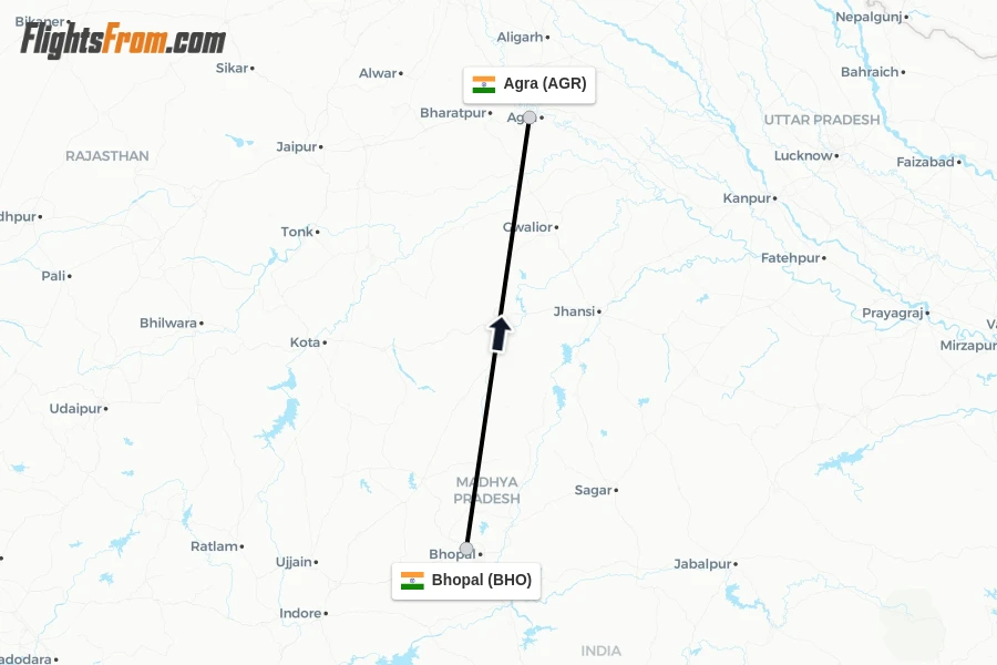Flights from Bhopal to Agra route map