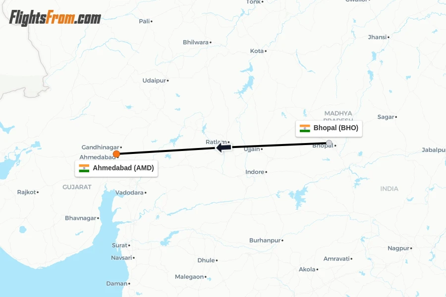 Flights from Bhopal to Ahmedabad route map