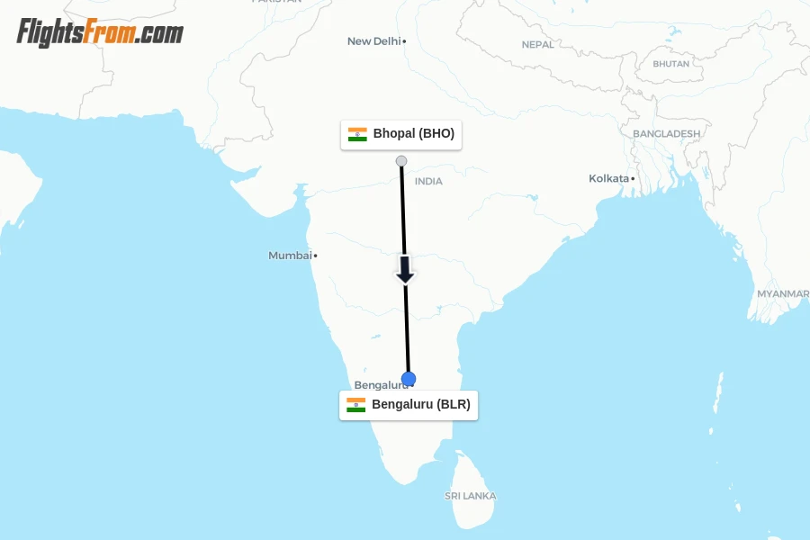 Flights from Bhopal to Bengaluru route map