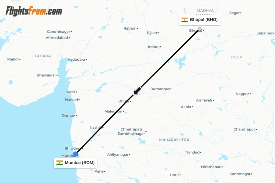 Flights from Bhopal to Mumbai route map