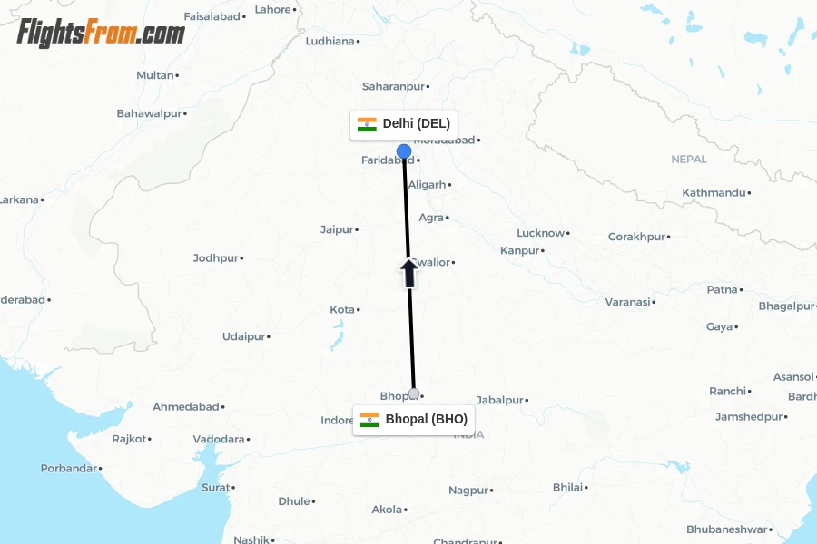 Flights from Bhopal to Delhi route map