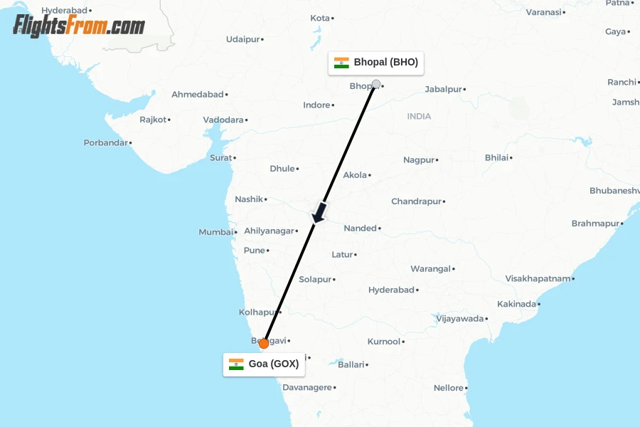 Flights from Bhopal to Goa route map