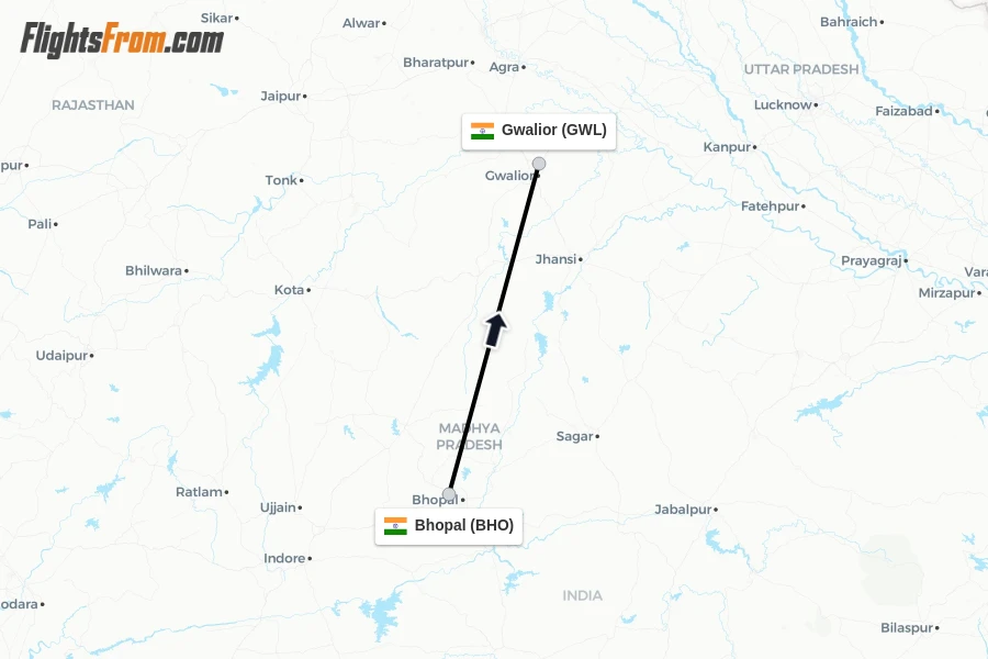 Flights from Bhopal to Gwalior route map