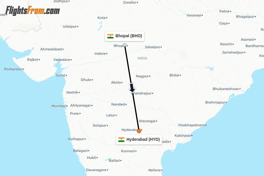 Flights from Bhopal to Hyderabad route map
