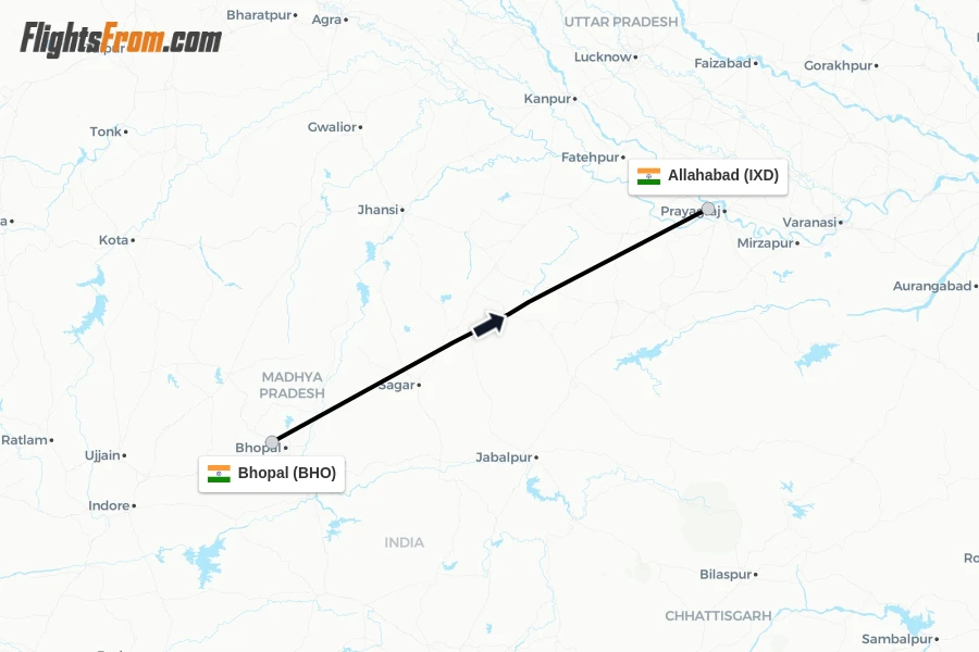 Flights from Bhopal to Allahabad route map