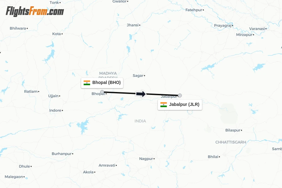 Flights from Bhopal to Jabalpur route map