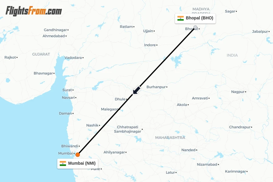 Flights from Bhopal to Mumbai route map