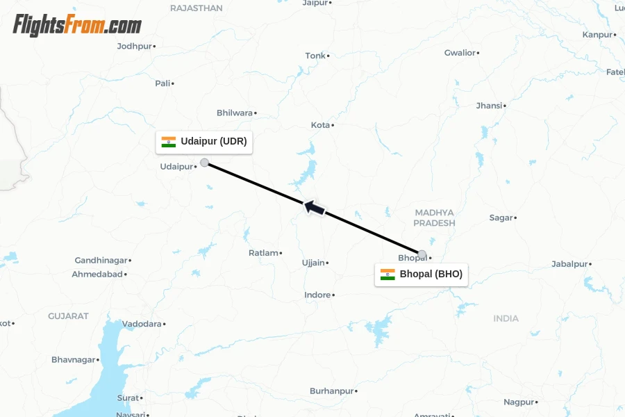 Flights from Bhopal to Udaipur route map