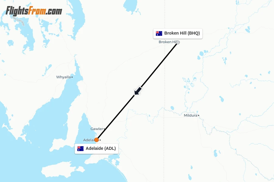 Flights from Broken Hill to Adelaide route map