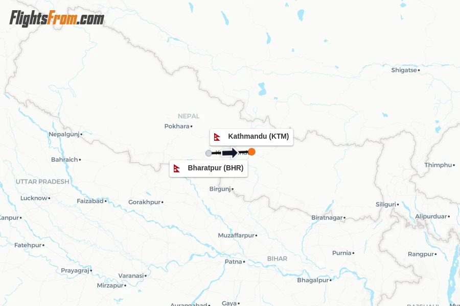 Flights from Bharatpur to Kathmandu route map