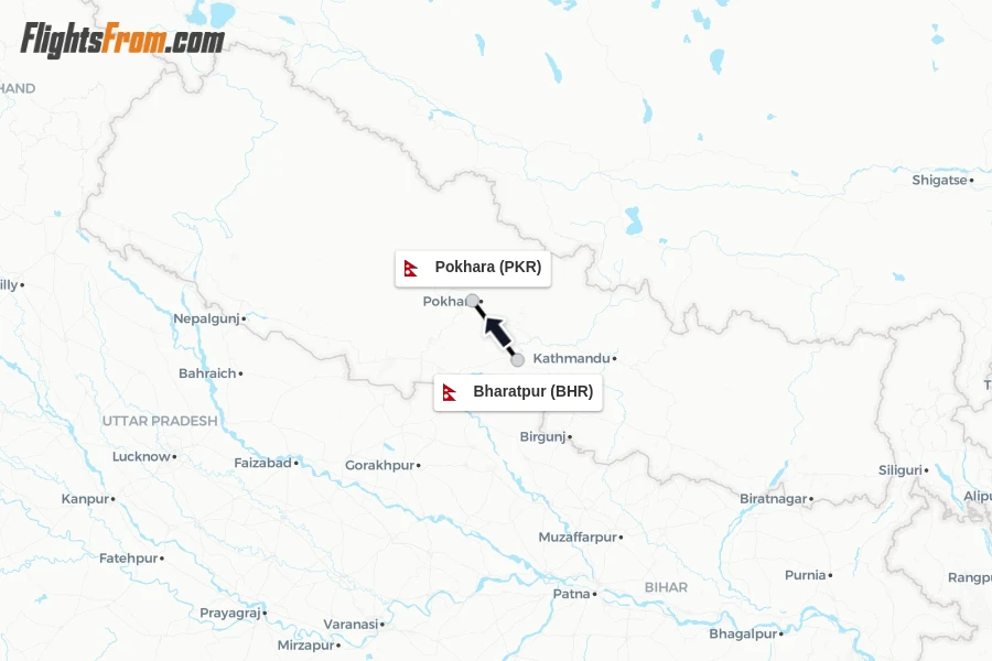 Flights from Bharatpur to Pokhara route map