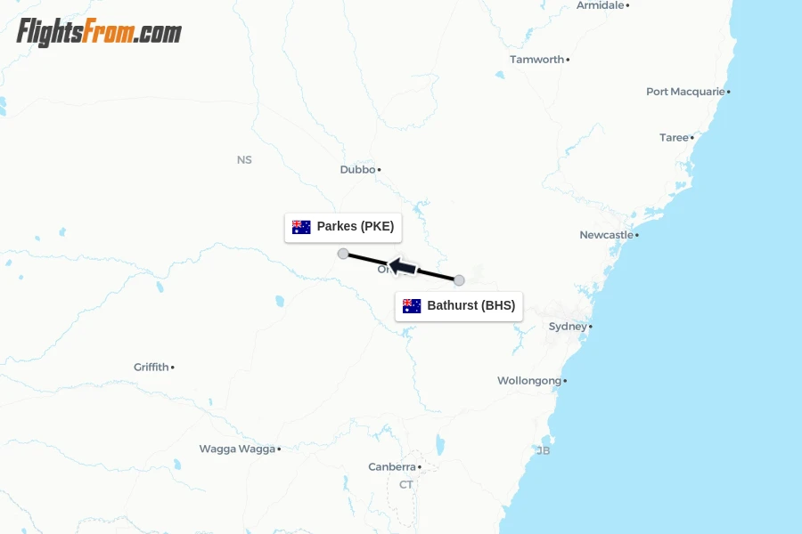 Flights from Bathurst to Parkes route map