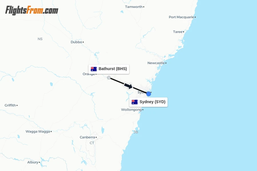 Flights from Bathurst to Sydney route map