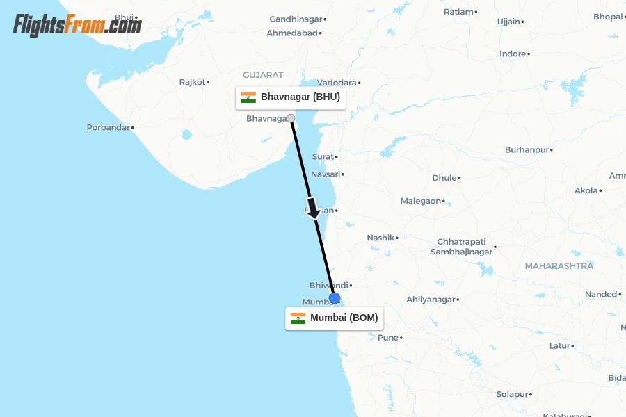 Flights from Bhavnagar to Mumbai route map
