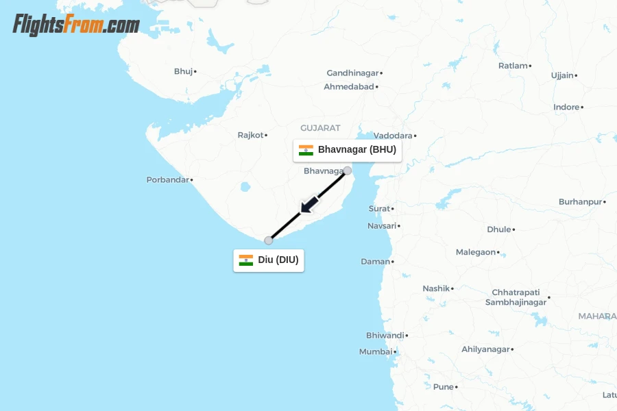 Flights from Bhavnagar to Diu route map