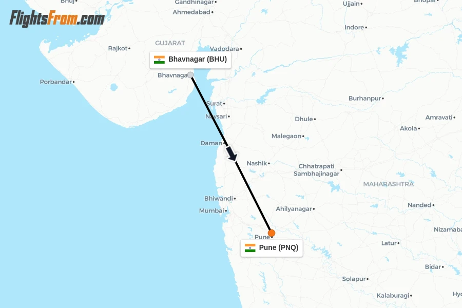 Flights from Bhavnagar to Pune route map