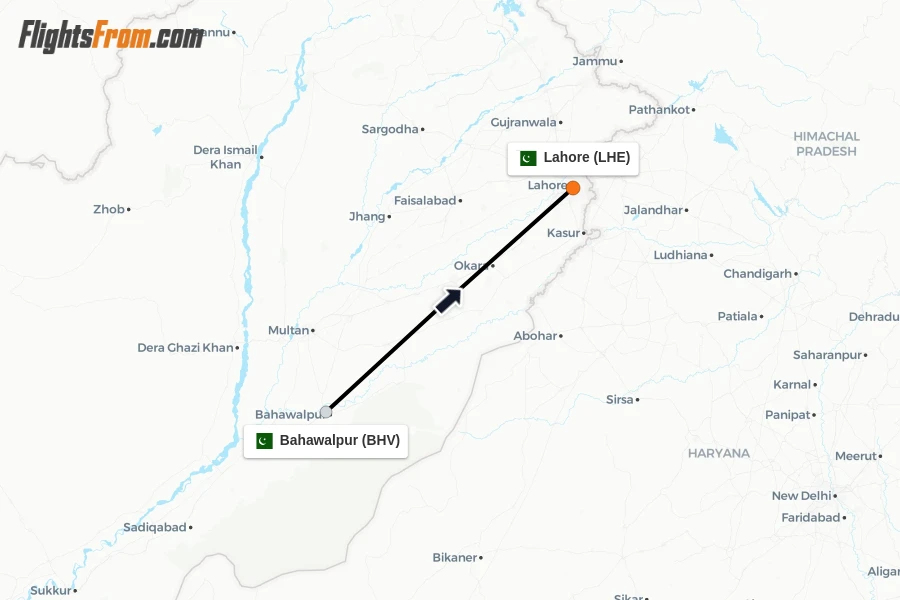 Flights from Bahawalpur to Lahore route map