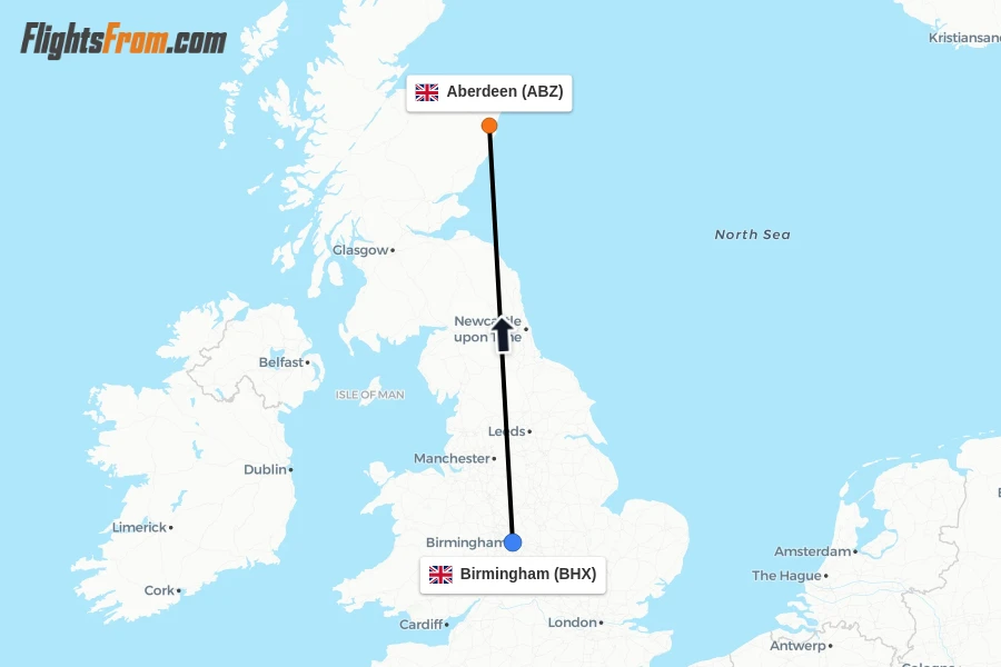 Flights from Birmingham to Aberdeen route map
