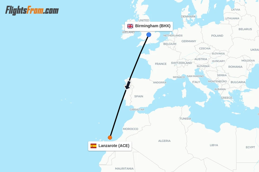 Flights from Birmingham to Lanzarote route map