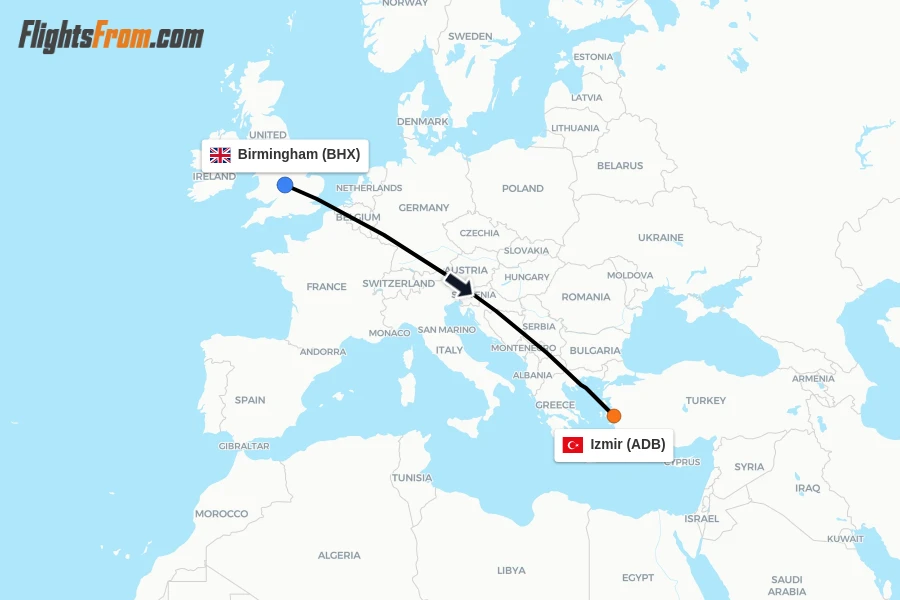 Flights from Birmingham to Izmir route map