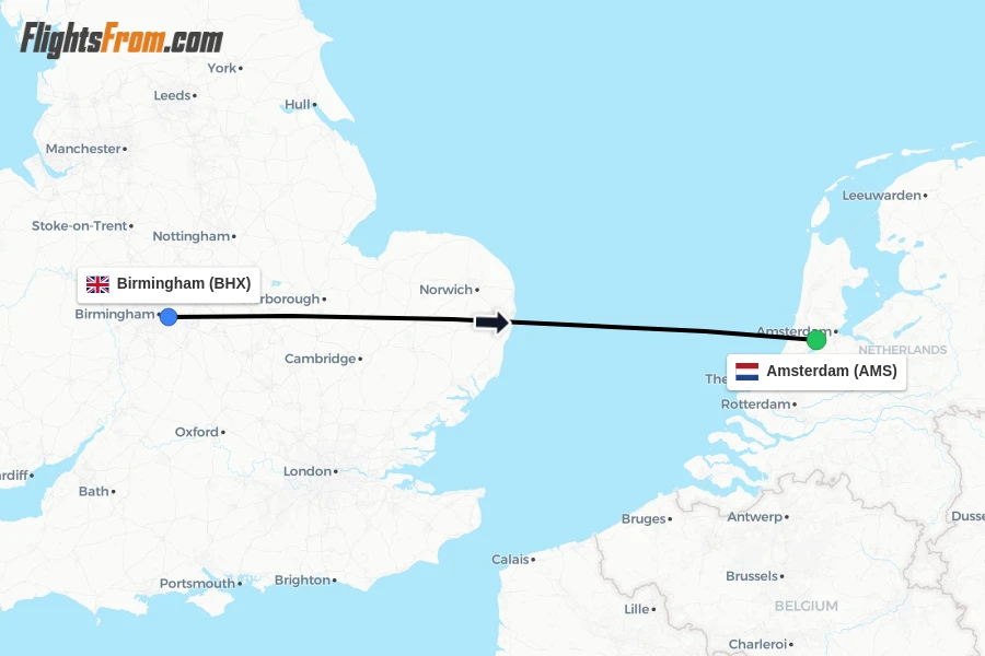 Flights from Birmingham to Amsterdam route map