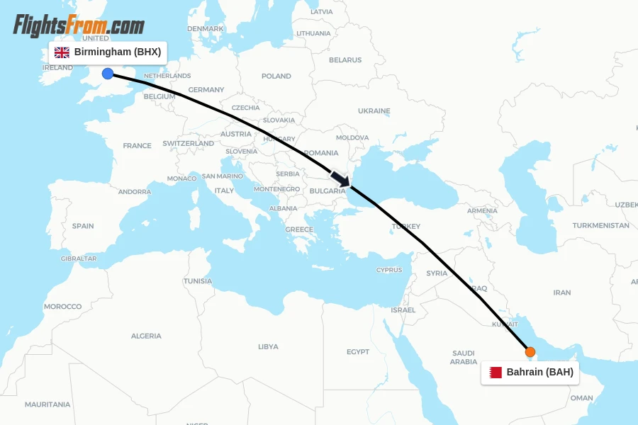 Flights from Birmingham to Bahrain route map