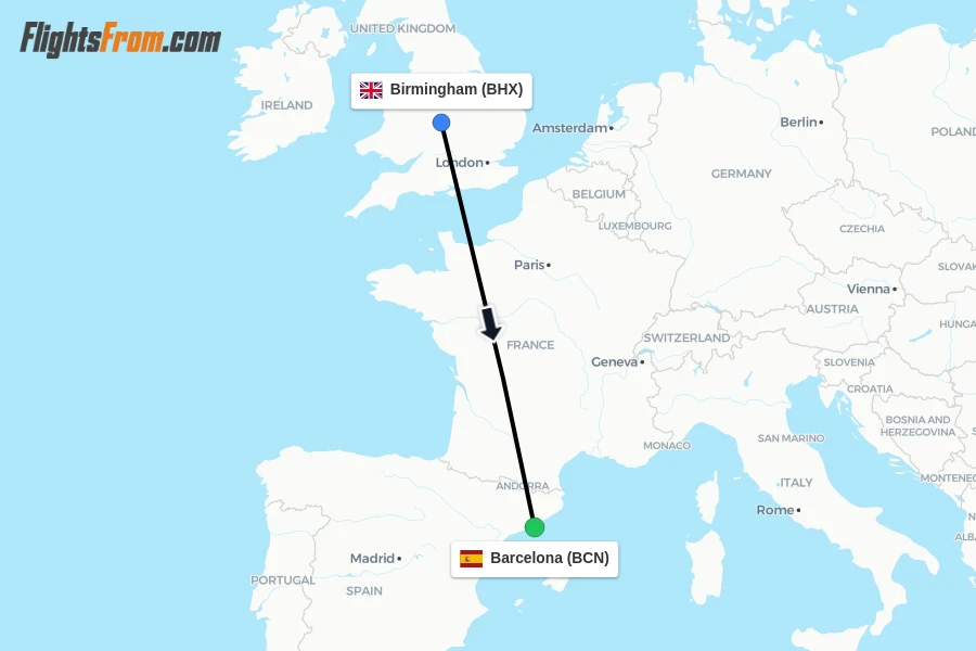 Flights from Birmingham to Barcelona route map