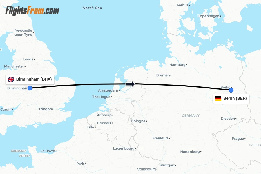 Flights from Birmingham to Berlin route map