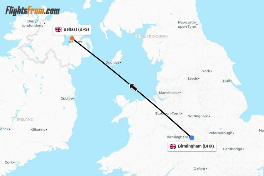 Flights from Birmingham to Belfast route map