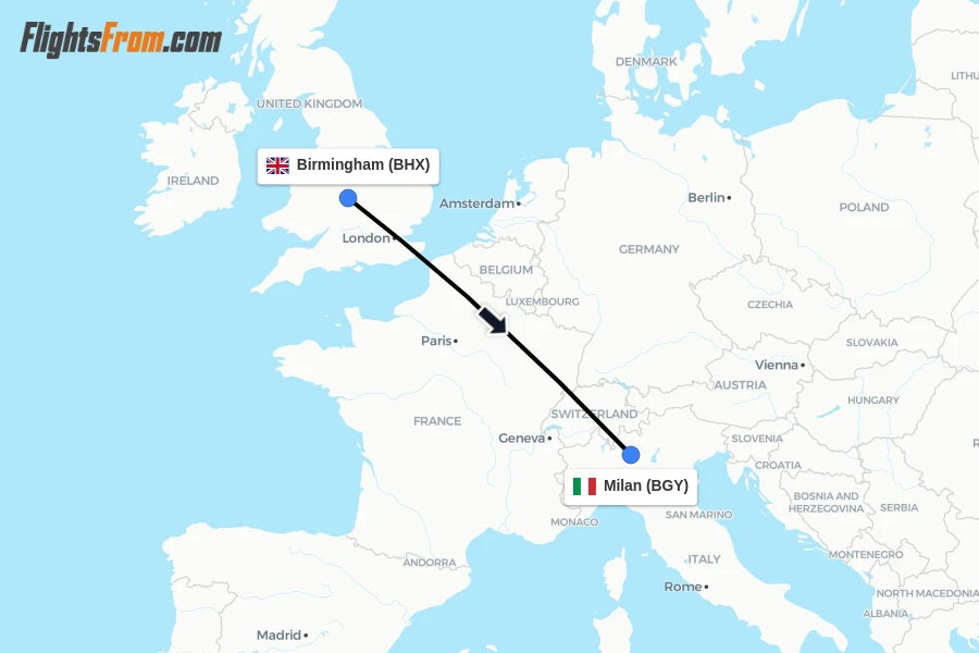 Flights from Birmingham to Milan route map