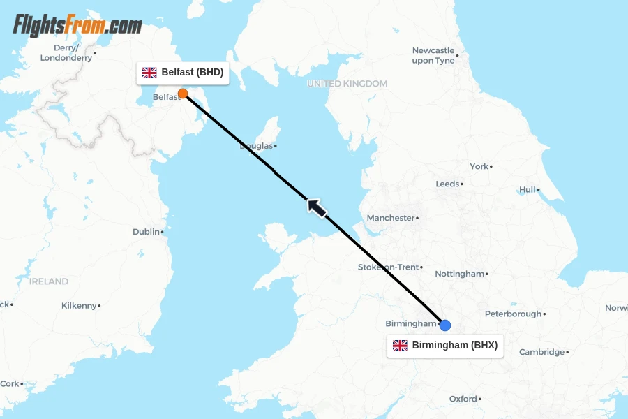 Flights from Birmingham to Belfast route map