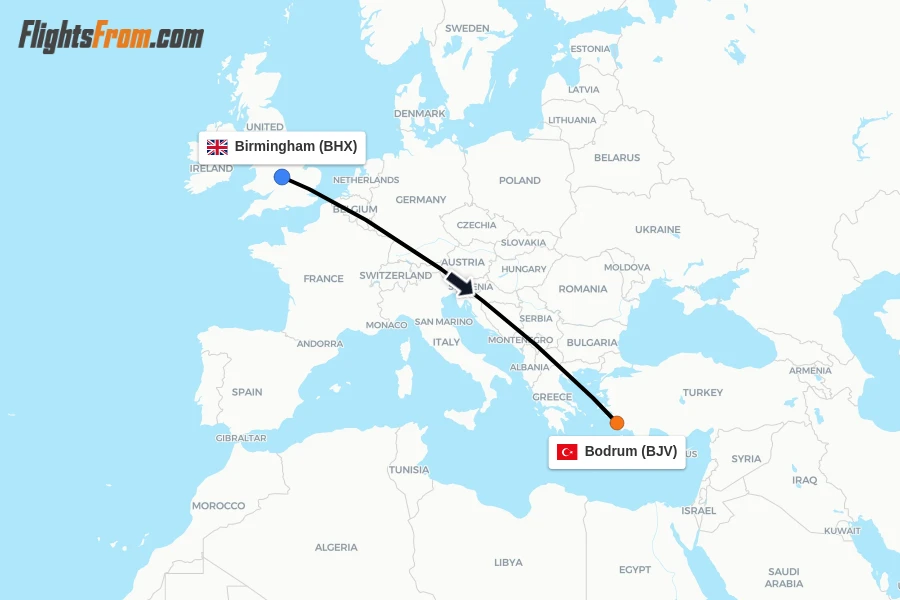 Flights from Birmingham to Bodrum route map