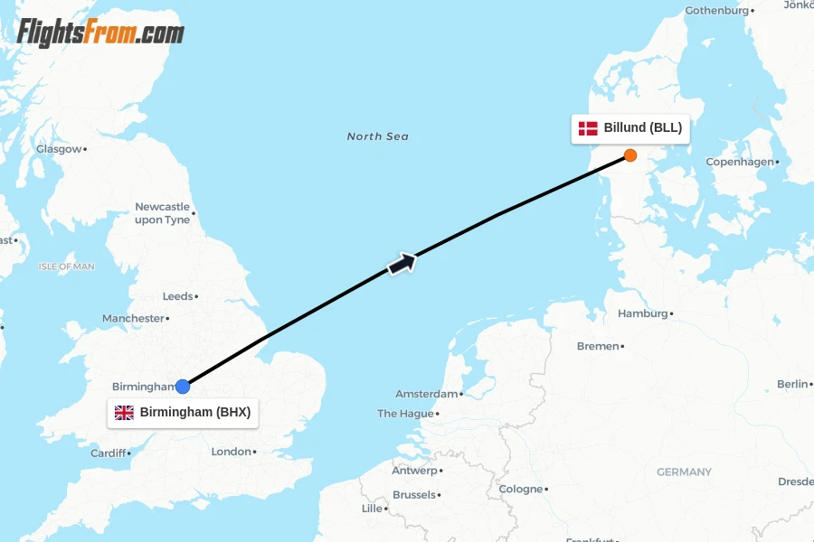 Flights from Birmingham to Billund route map