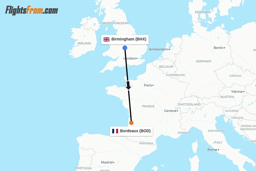 Flights from Birmingham to Bordeaux route map