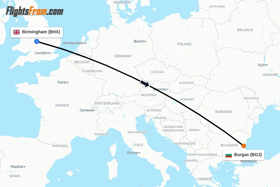 Flights from Birmingham to Burgas route map