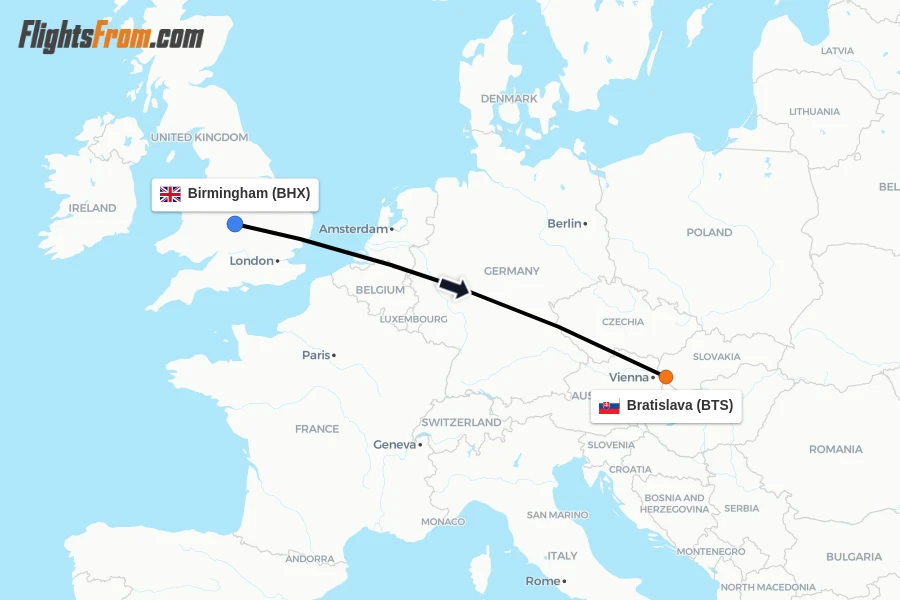 Flights from Birmingham to Bratislava route map