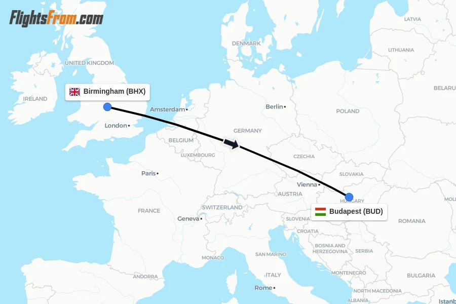 Flights from Birmingham to Budapest route map