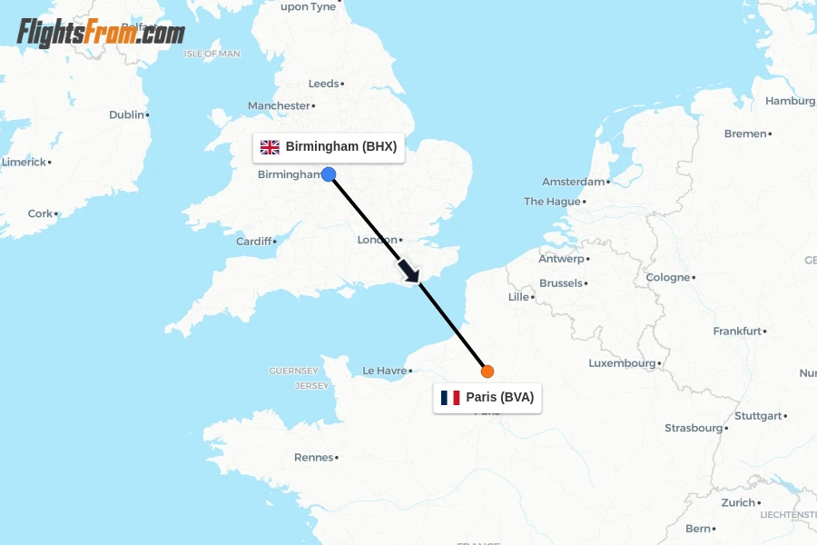 Flights from Birmingham to Paris route map