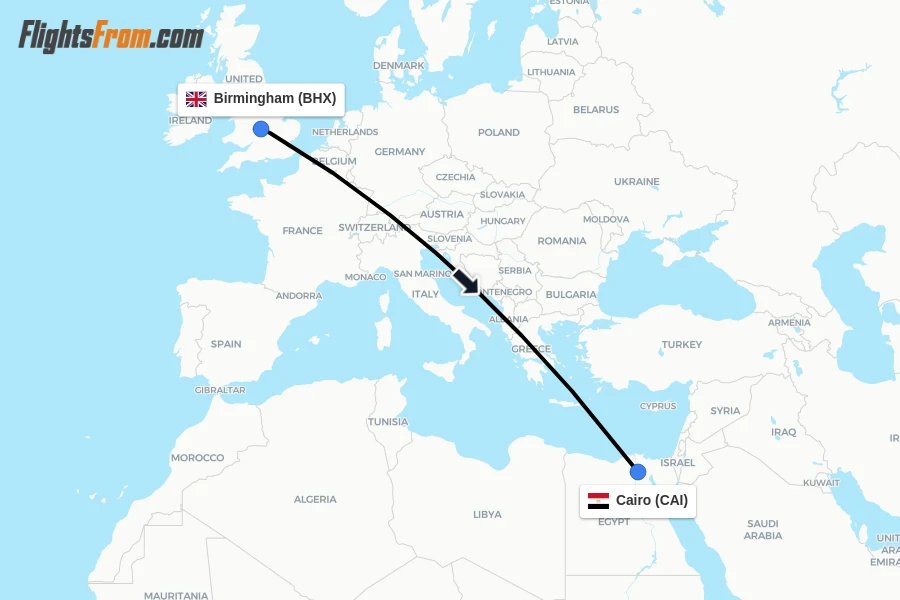 Flights from Birmingham to Cairo route map