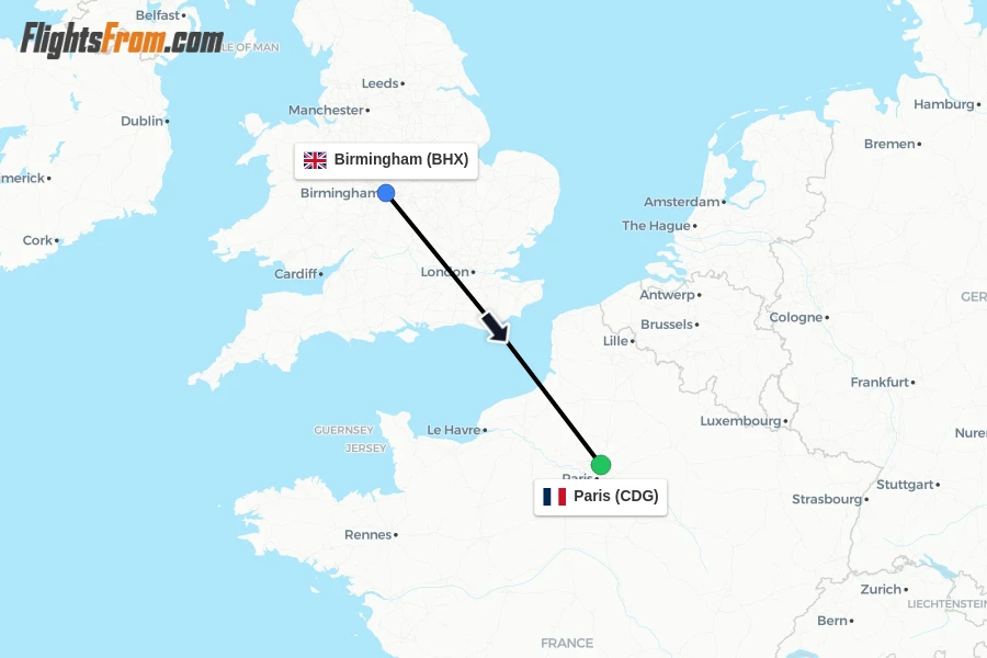 Flights from Birmingham to Paris route map
