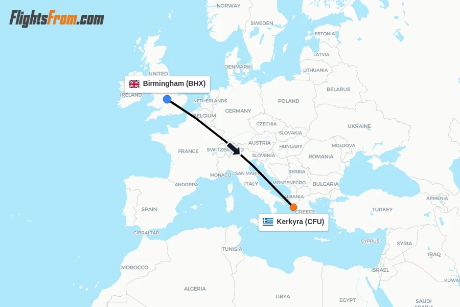 Flights from Birmingham to Kerkyra route map