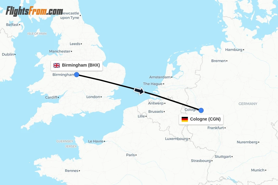 Flights from Birmingham to Cologne route map