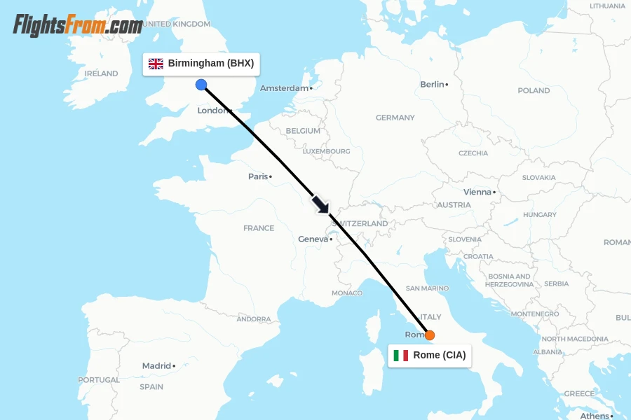 Flights from Birmingham to Rome route map