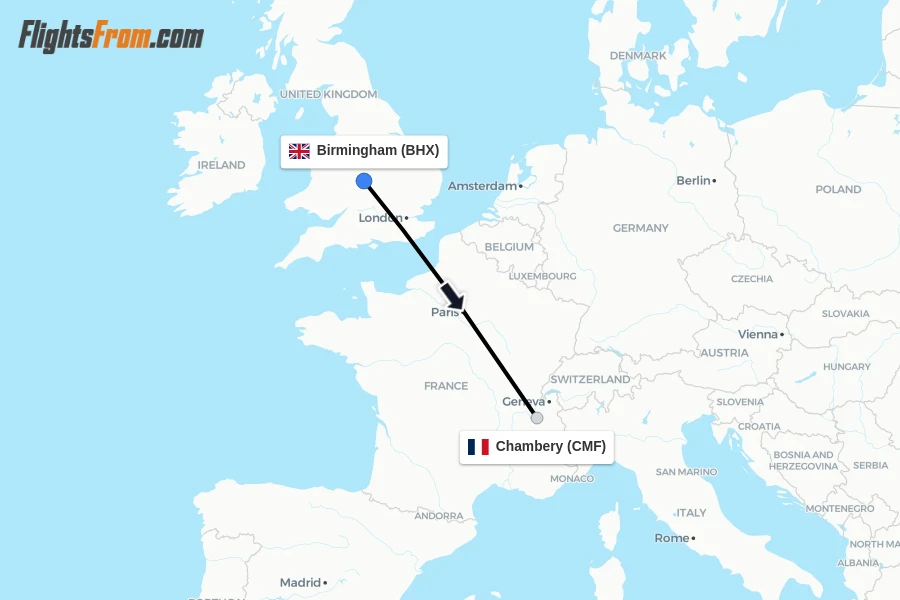 Flights from Birmingham to Chambery route map